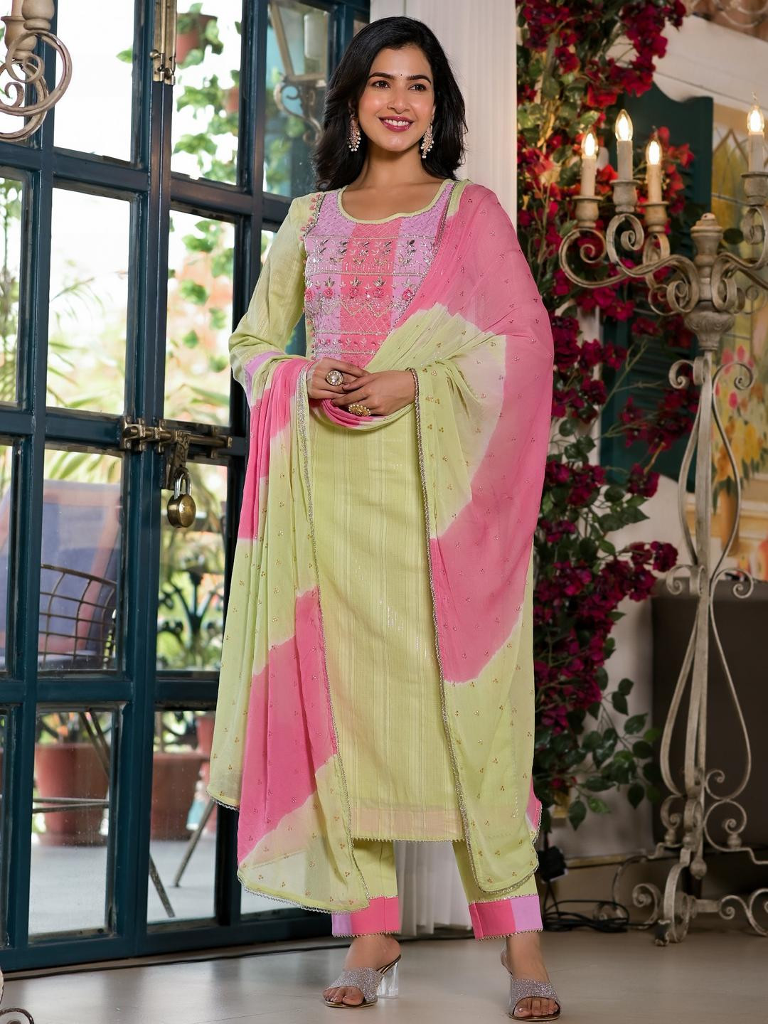 Aavanya Green Cotton Anarkali Round Neck Thread Work Kurta & Trouser With Dupatta