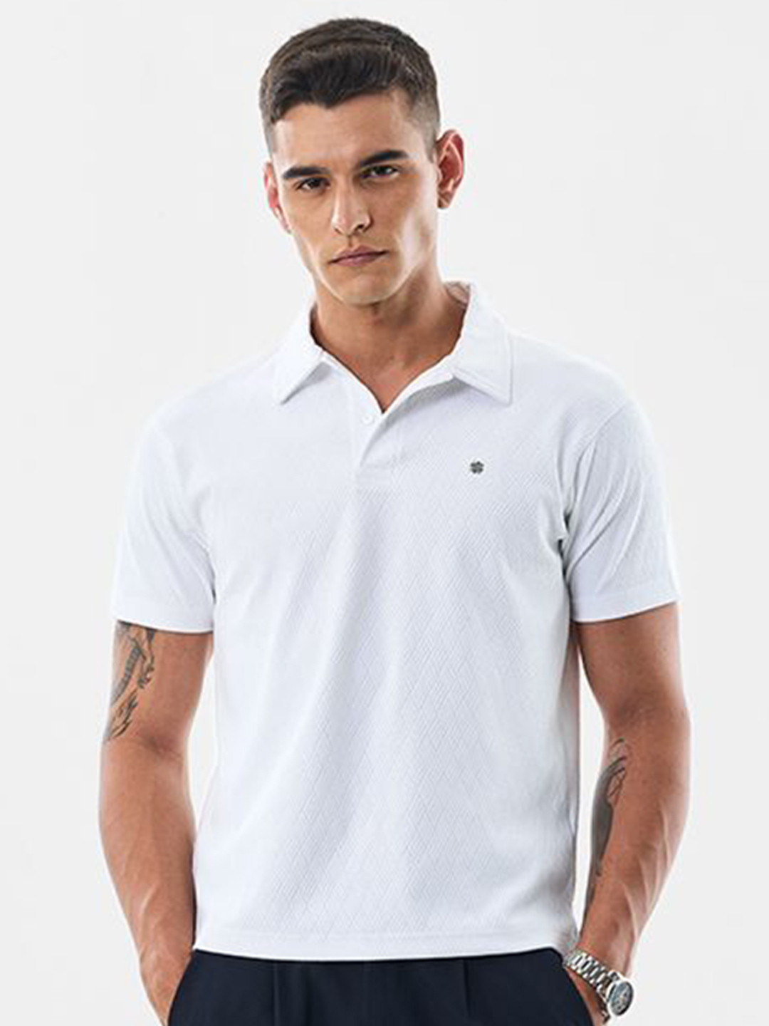Snitch White Textured Polo Collar Slim Fit T-shirt