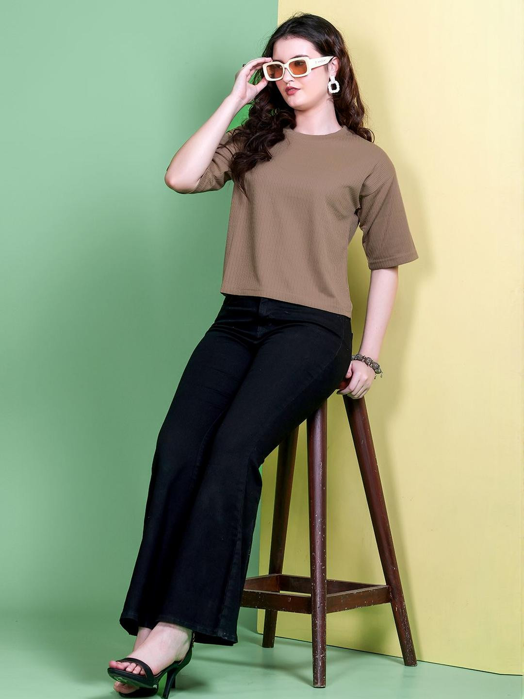 The Roadster Lifestyle Co. Women Knitted Self Design Pure Cotton Half Sleeve Top