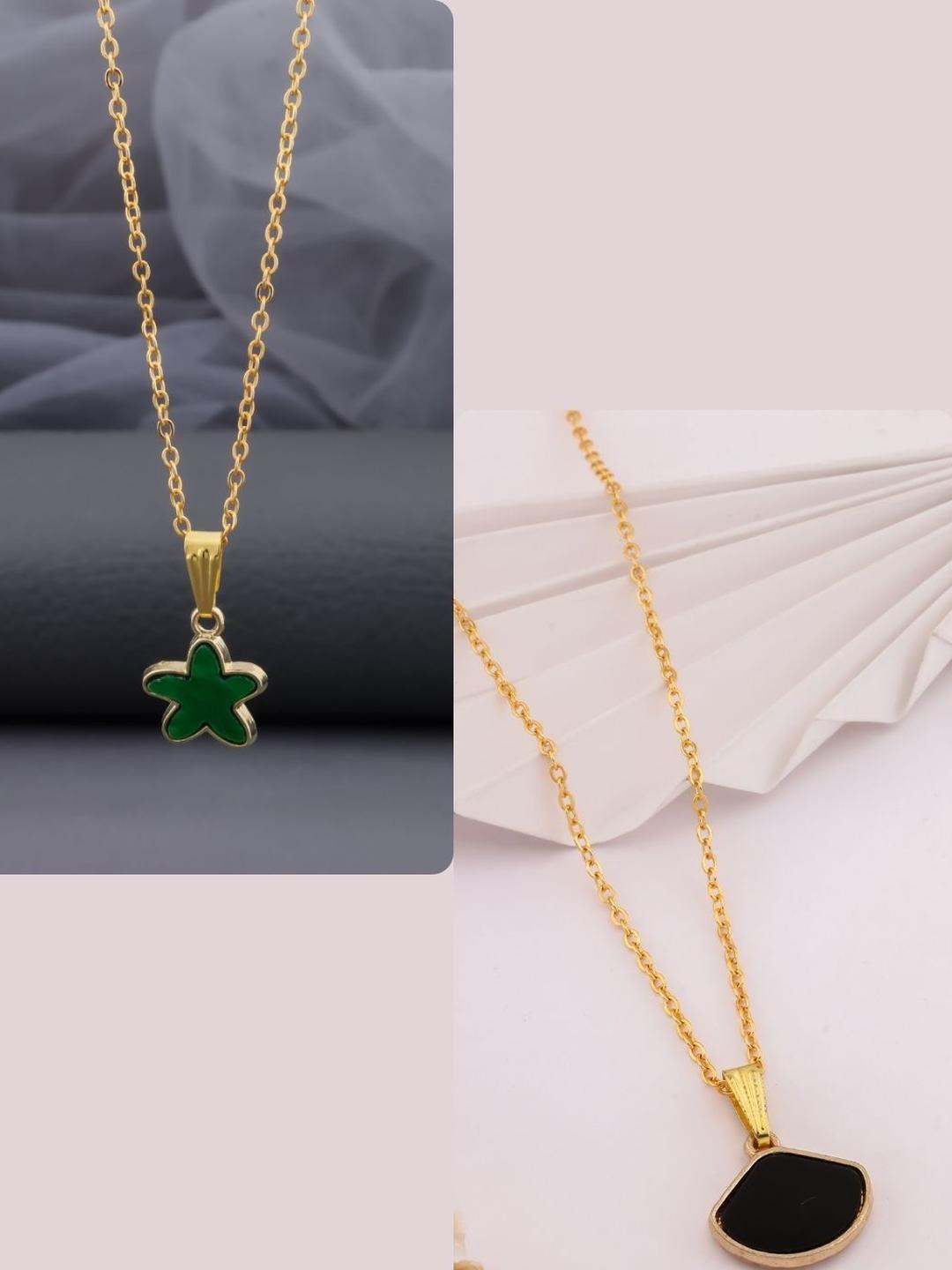DressBerry Women Black Corals & Green Star Charms Brass Gold-Plated Set Of 2 Chains