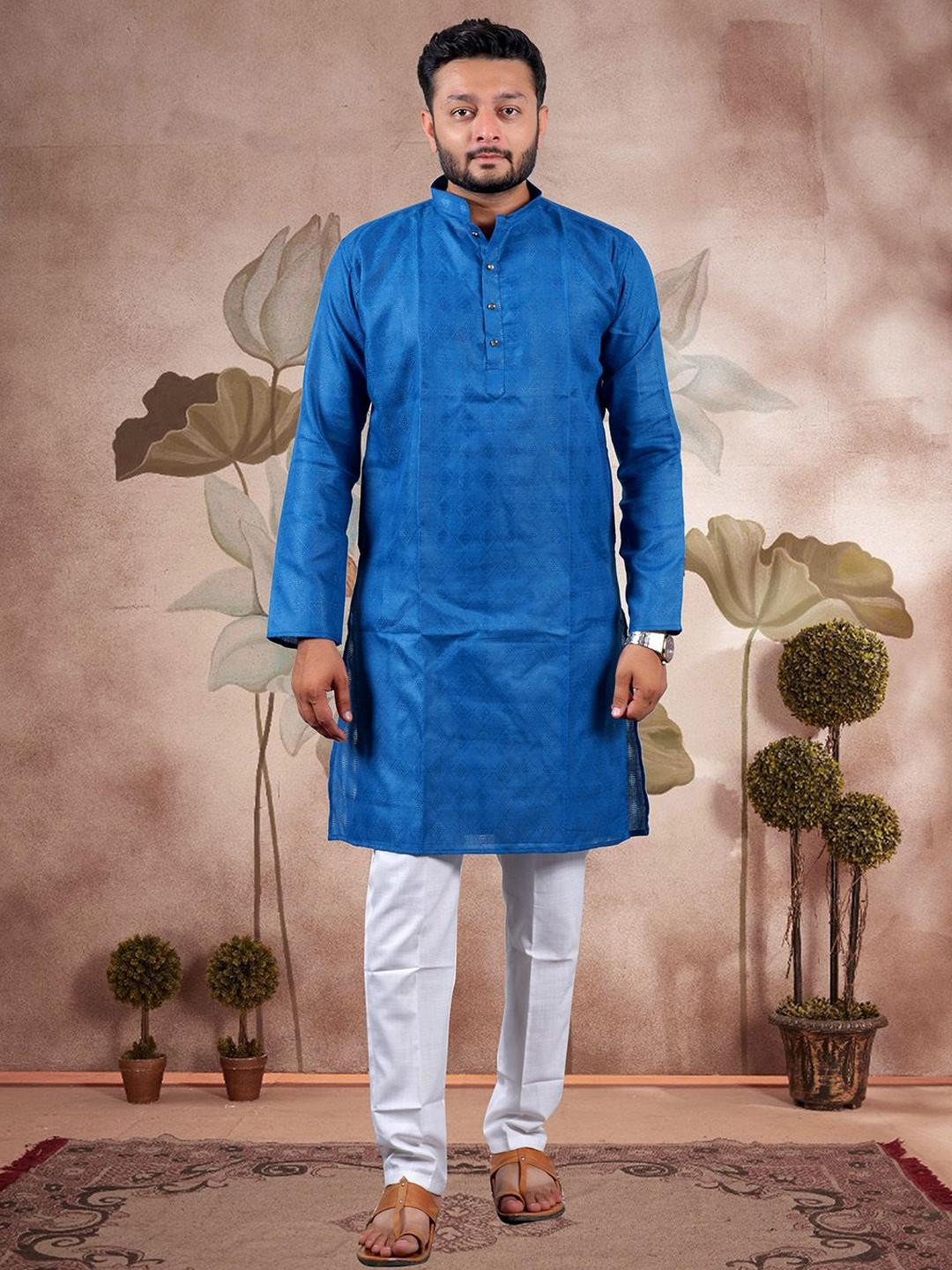 Varbandhan Geometric Embroidered Jacquard Mandarin Collar Cotton Straight Kurta