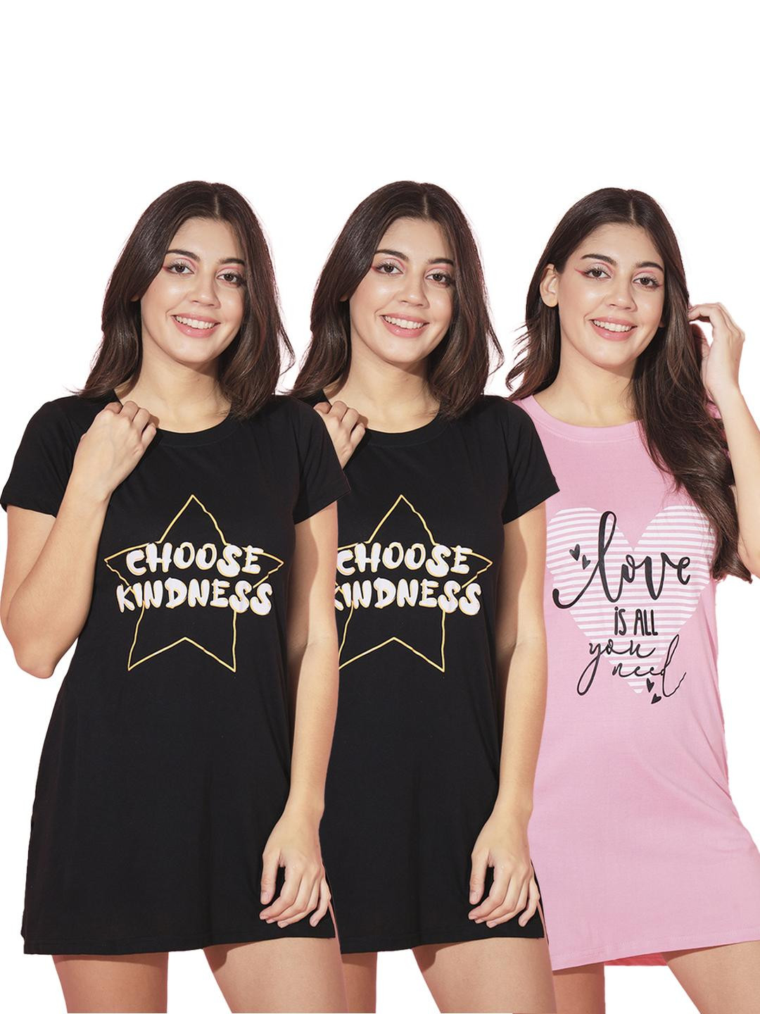 TRENDY WORLD Women Pack of 3 Printed Round Neck Cotton Long T-shirts