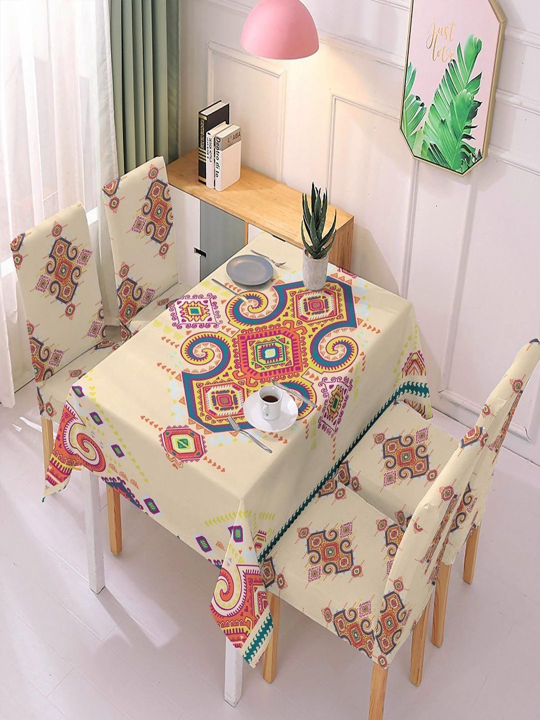 HOKIPO 5-Pcs Beige & Yellow Printed Chair Covers With Table Cover