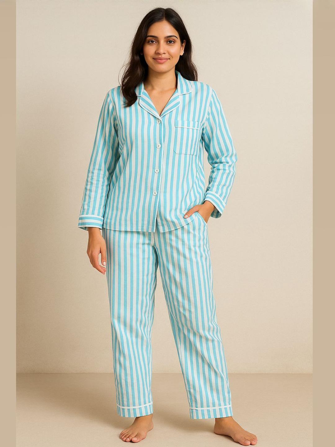 Tittertots Women Sky Blue Striped Night suit