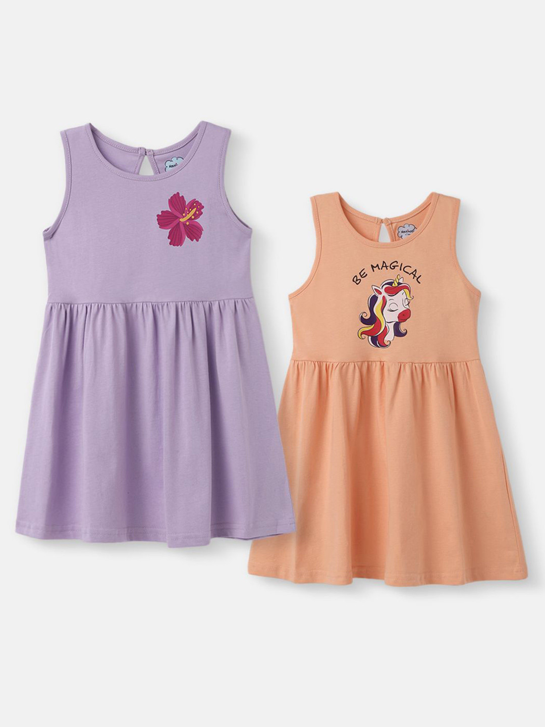 Nauti Nati Girls Pack Of 2 Unicorn & Floral Graphic Printed Cotton Fit and Flare Dress