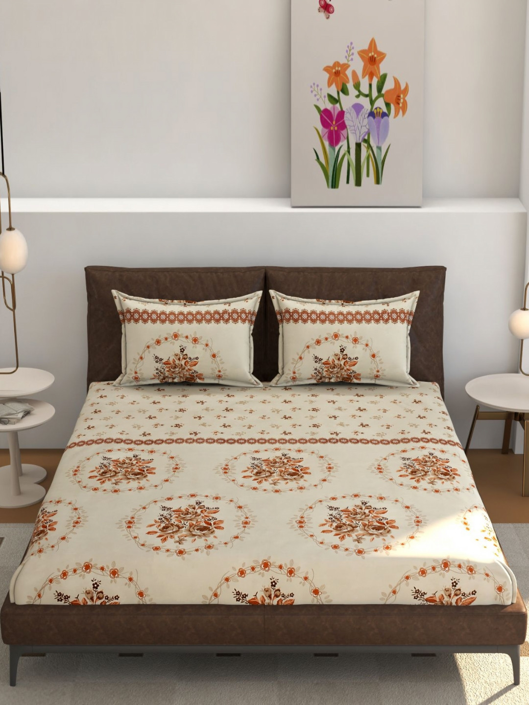 Florida Orange & Brown Floral 180 TC Super King Fitted Bedsheet Set-1.98 m x 1.82 m