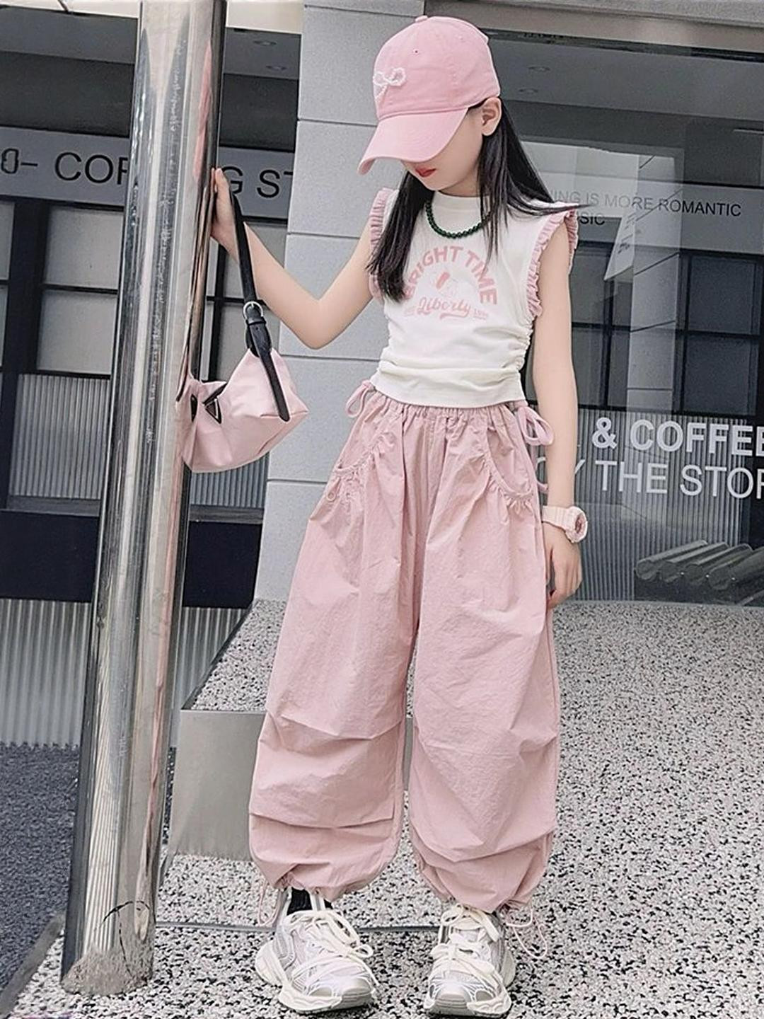 LULU & SKY Girls Printed Pure Cotton Top With Parachute Pants