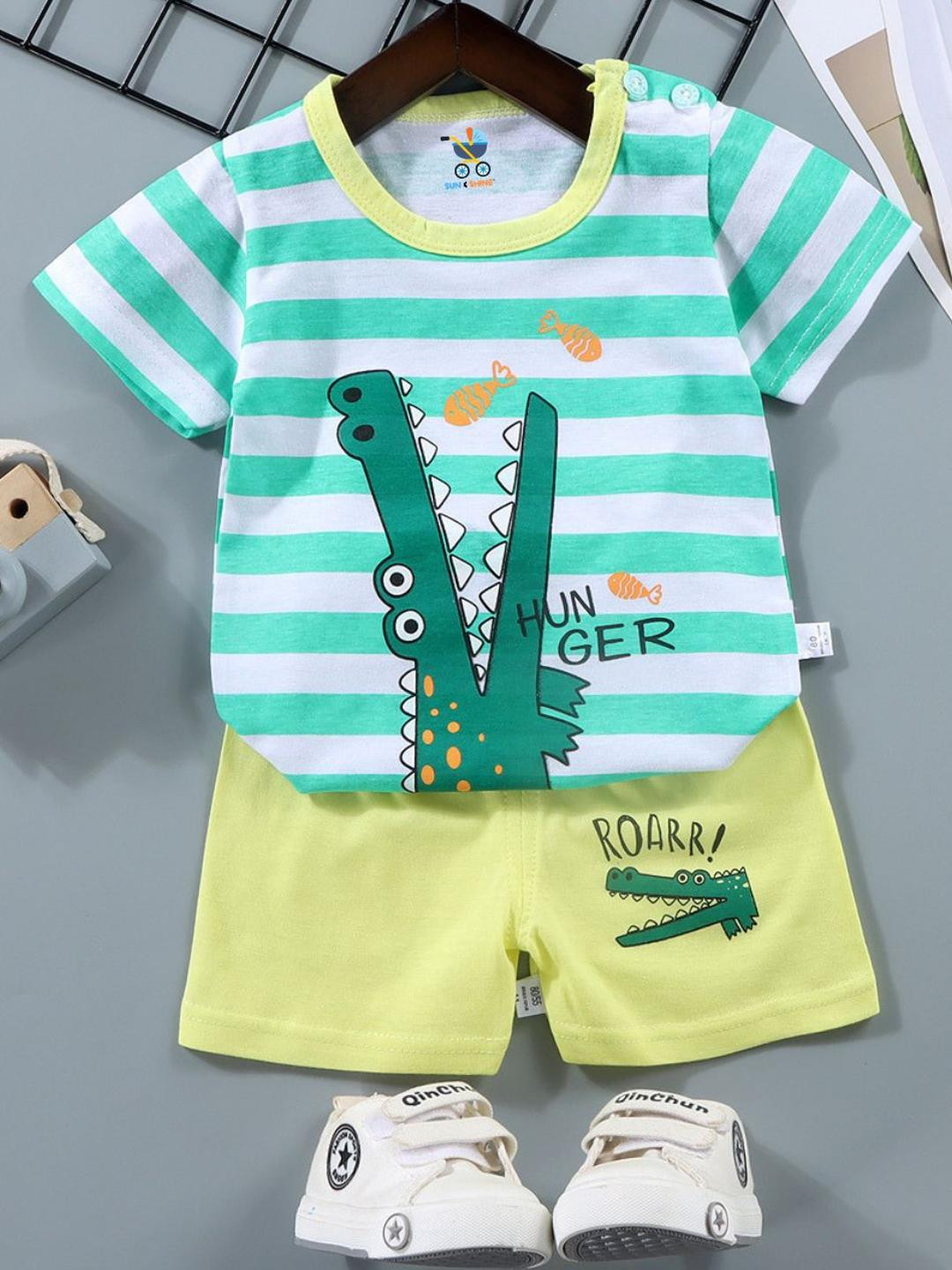 Sun & Shine Kids-Unisex Green Pure Cotton Clothing Set
