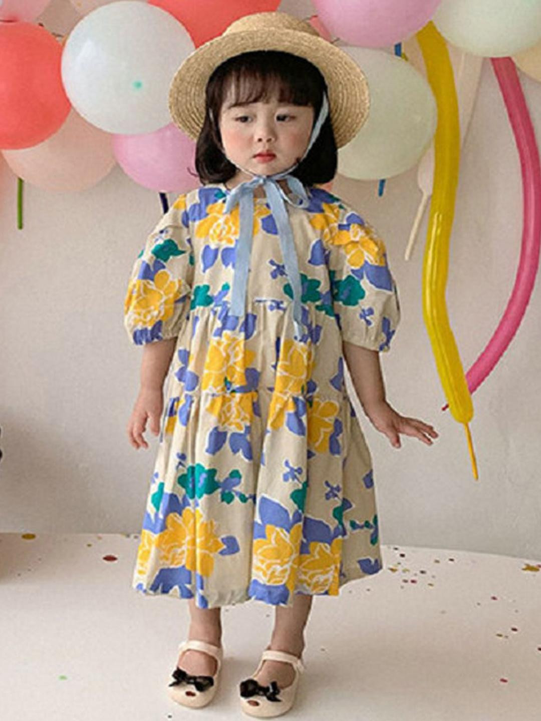 LULU & SKY Girls Floral Printed Round Neck Puff Sleeve Dress