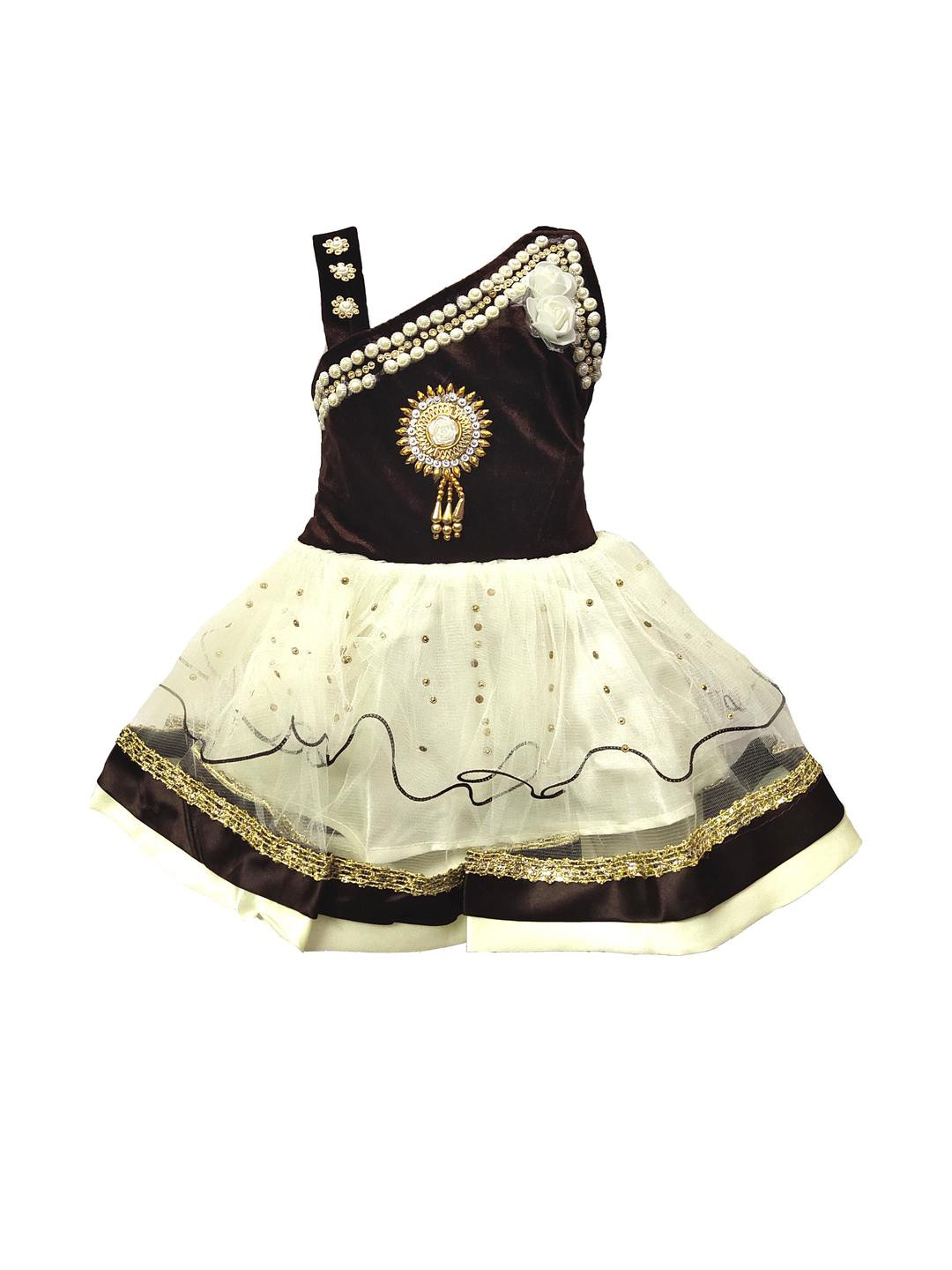 Samjho Fashion Cream & Brown Embellished Velvet Fit & Flare Mini Dress