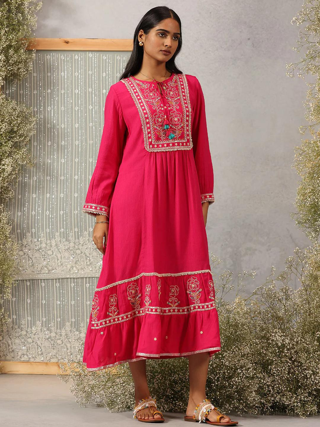 Lakshita Fuchsia Embroidered Fit & Flare Crinckled Viscose Midi Dress