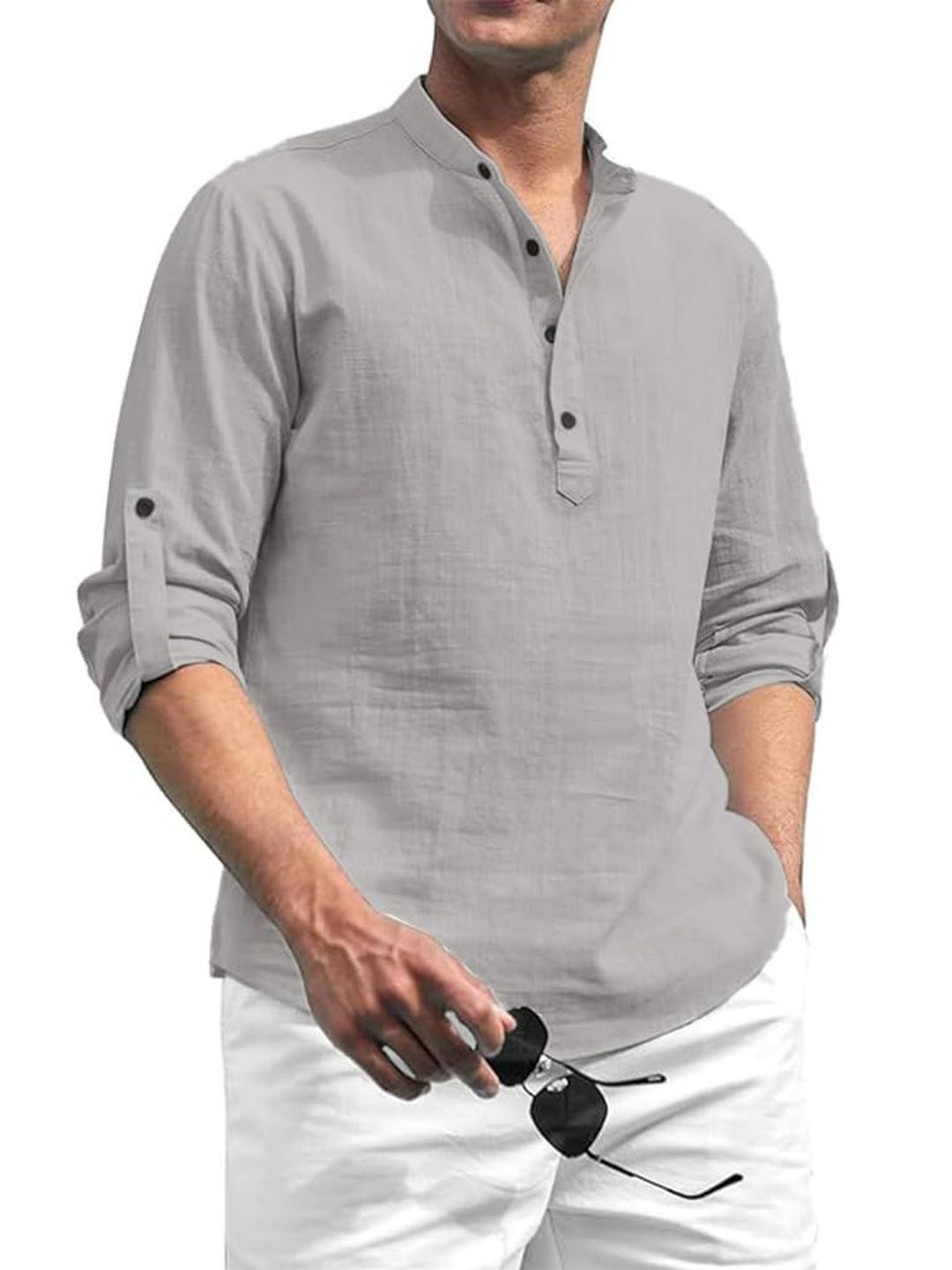 AMRIT TOP WEAR Men Band Collar Roll-Up Sleeves Straight Short Kurta