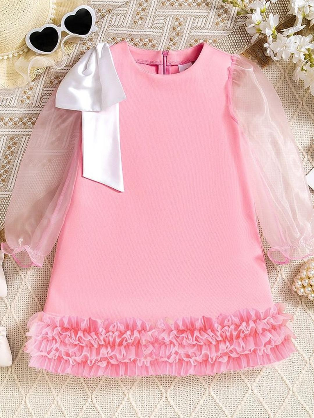 LULU & SKY Girls Round Sheer Puff Sleeves Bow & Frills A-Line Dress