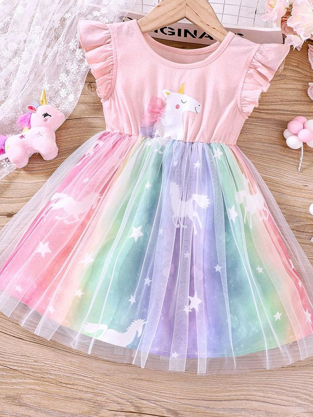LULU & SKY Girls Unicorn Print Flutter Sleeves Tulle Fit & Flare Dress
