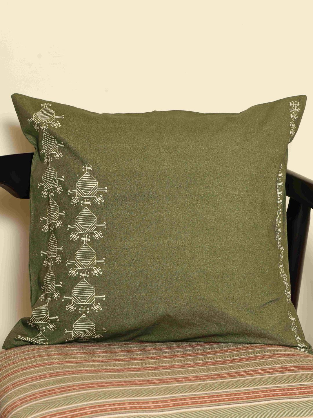Crown of Poppies Olive Green Square Rajasthani Mandana Series Cushion Covers