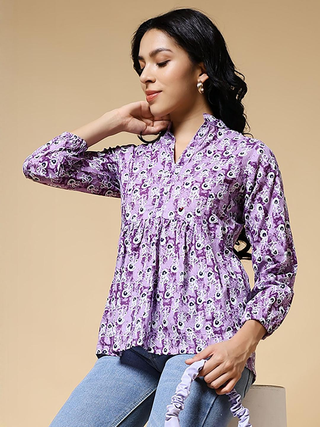 Purple Ethnic Motifs V-Neck Peplum Top