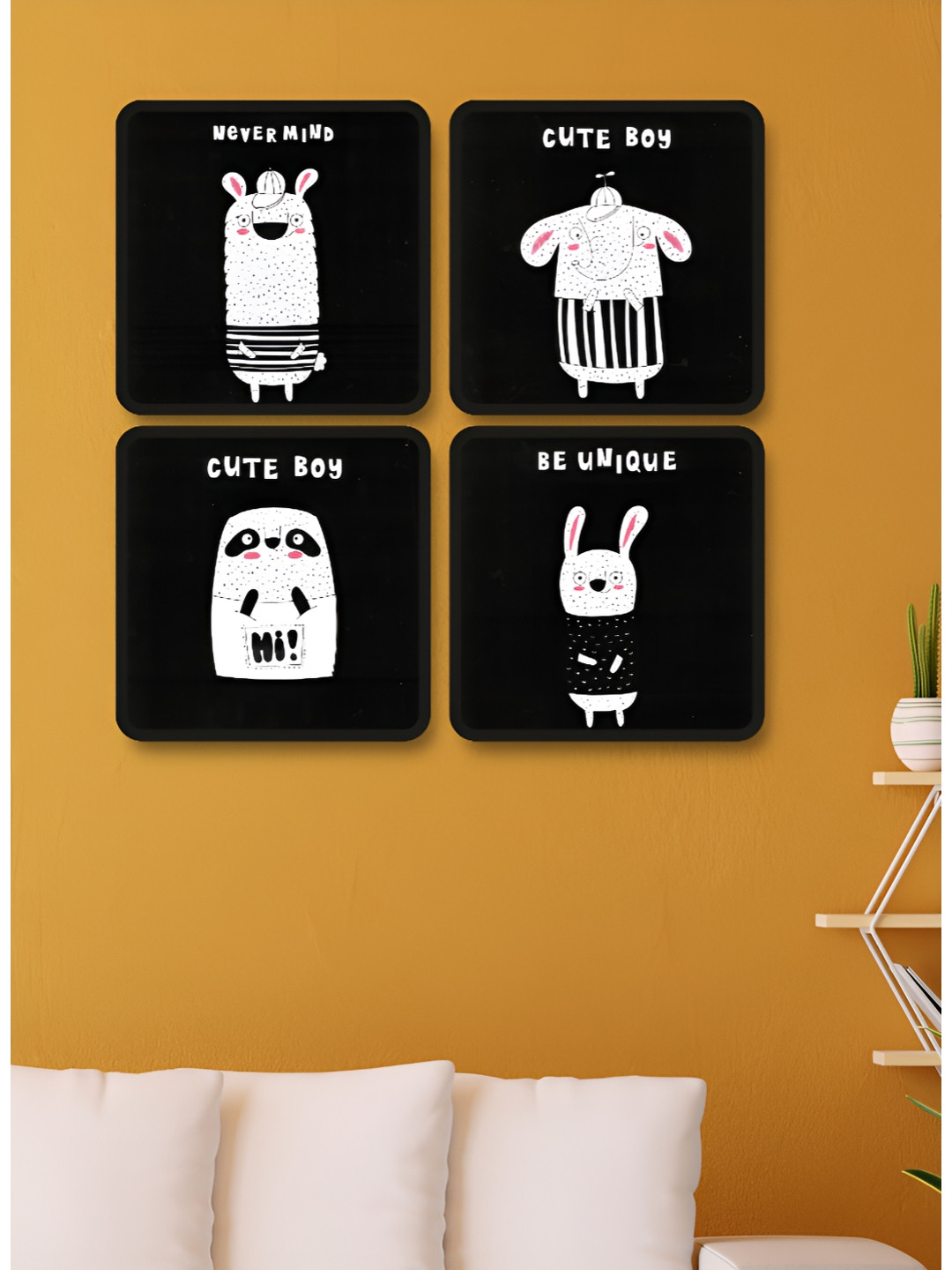 Livin'luxe Black & White 4 Pieces Cute Cartoon Animal Printed Wall Arts