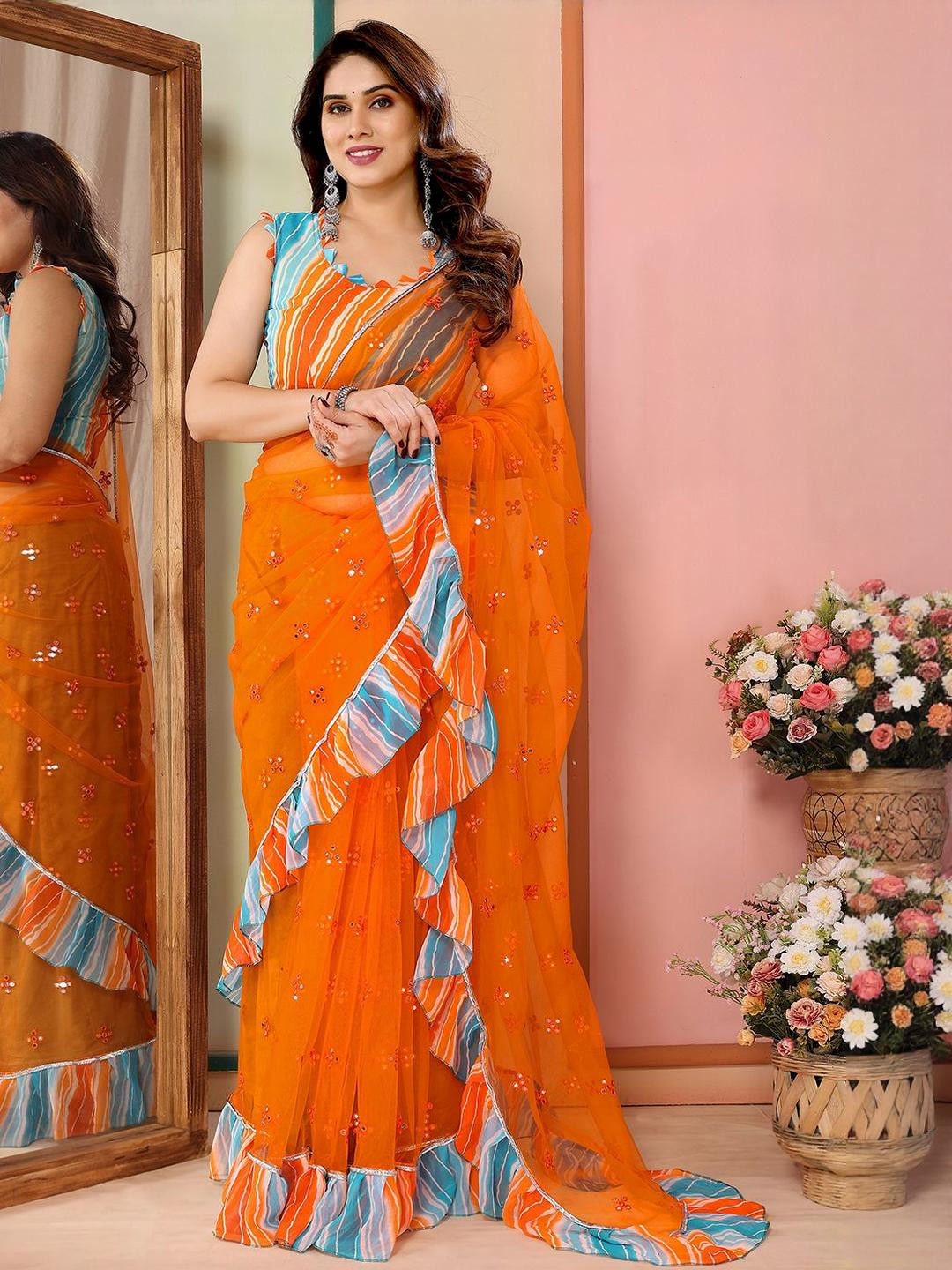 KALINI Embellished Mirror Work Net Designer Saree
