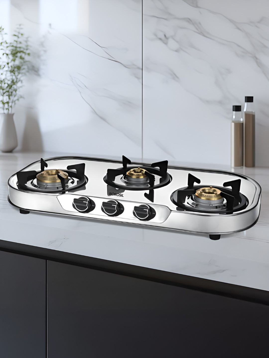 BOROSIL Ignite Pro 3 Burner Steel Gas Stove With Dip Tray & 360 Revolving Nozzle Burner