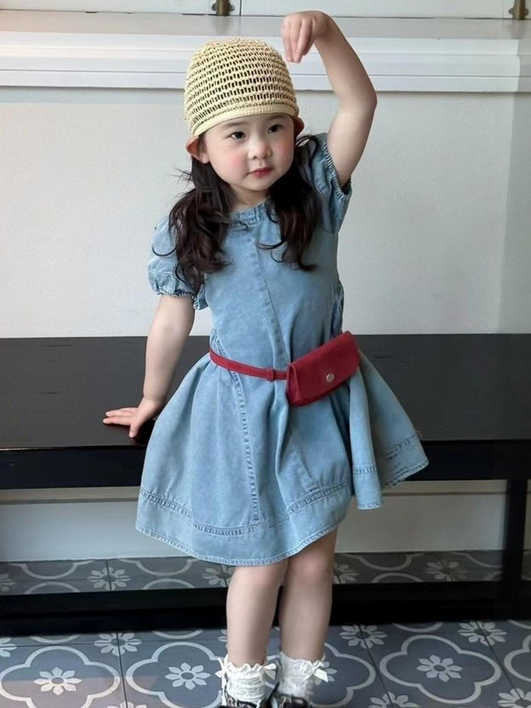 LULU & SKY Girls A-Line Puff Sleeve Denim Dress