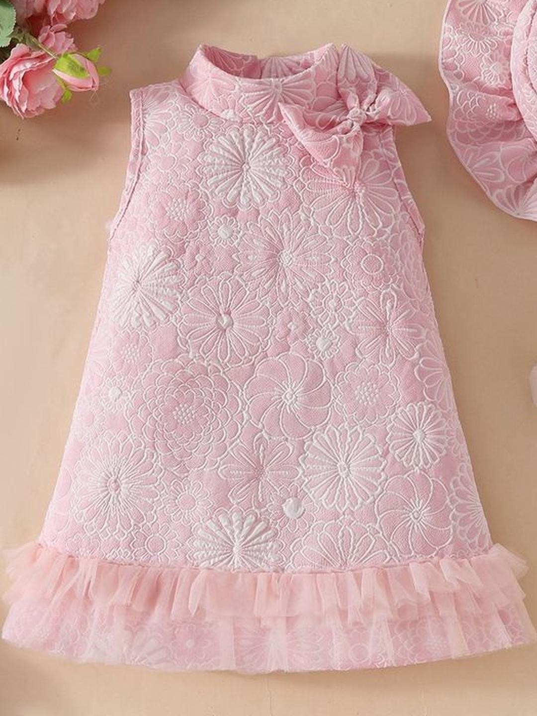 LULU & SKY Girls Self Design Ruffles A-Line Party Dress With Hat & Bow