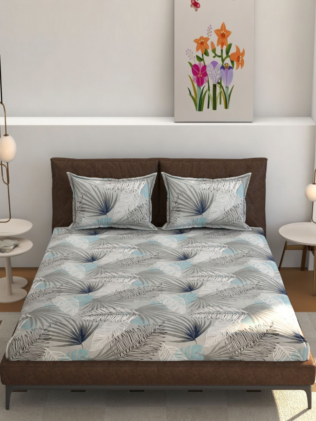 Florida Blue & White Floral 180 TC Super King Fitted Bedsheet Set-1.98 m x 1.82 m