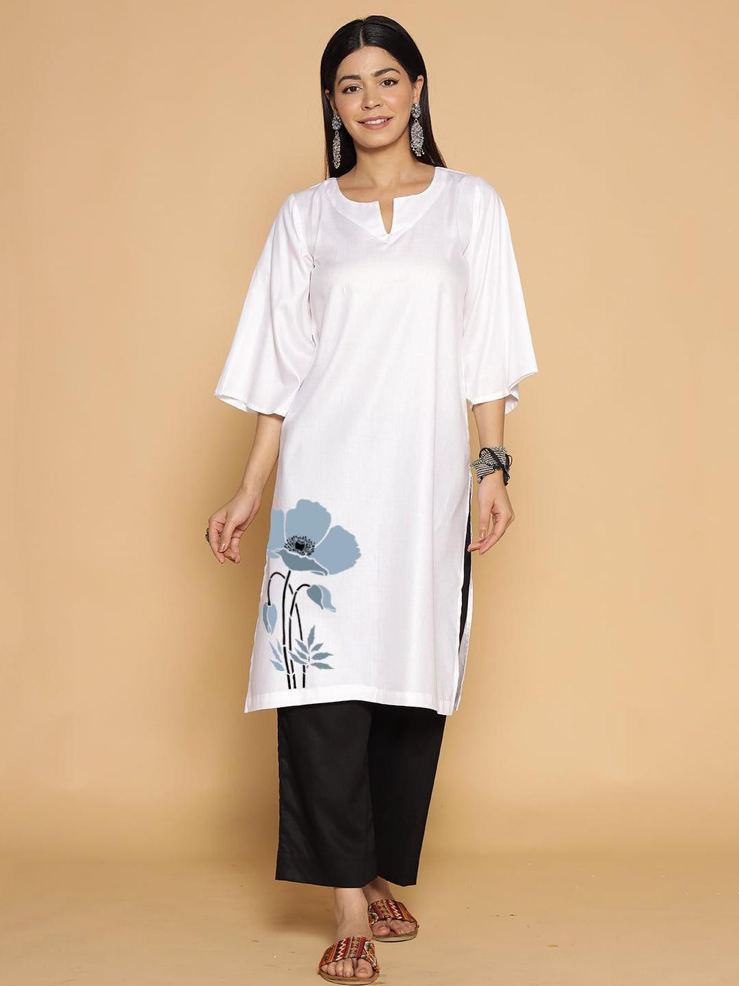 LetsDressUp Saumya Floral Printed Notch Neck Straight Kurta