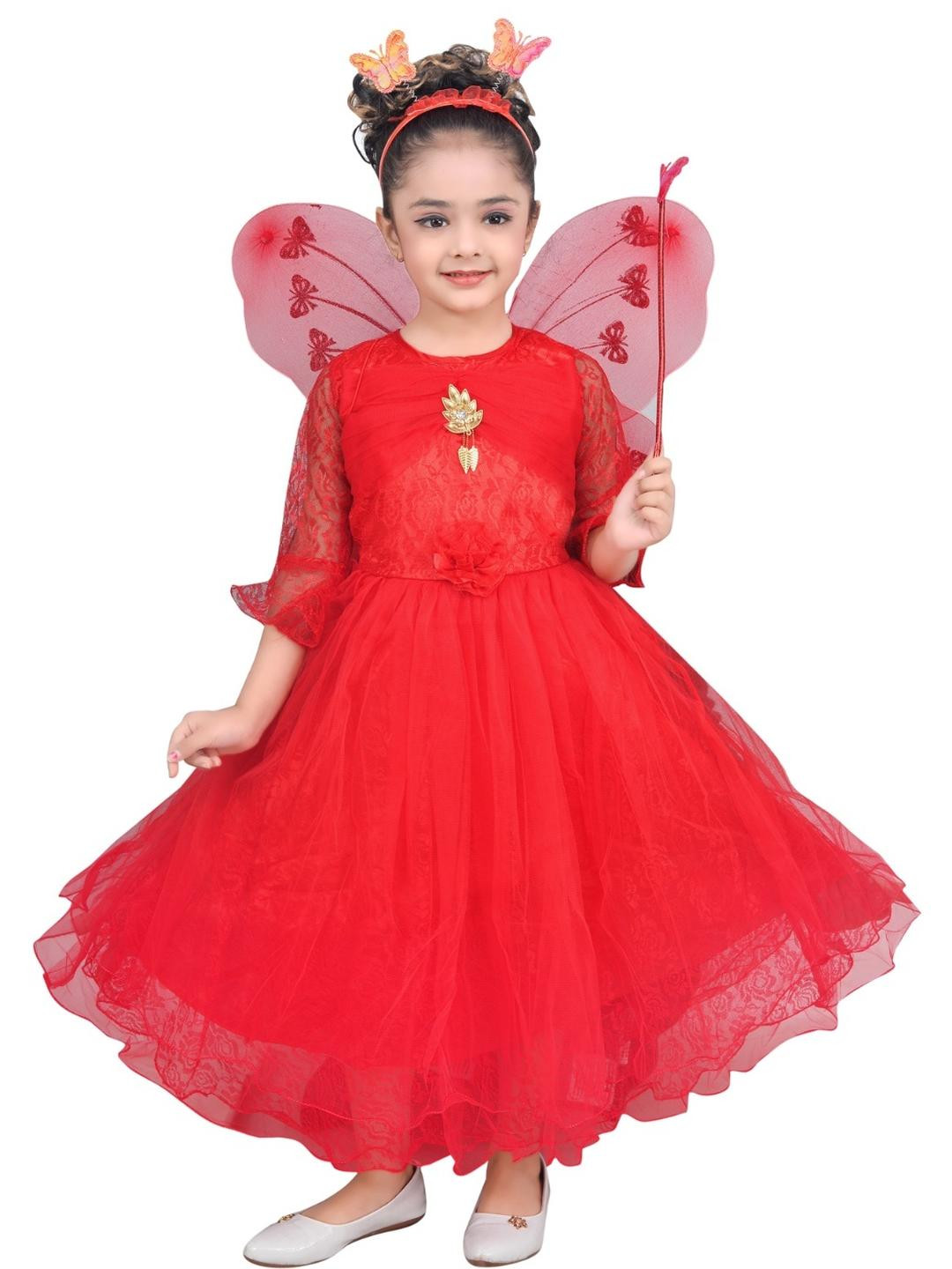 Hariyal Creation Girls Self Design Bell Sleeves Net Fit & Flare Maxi Dress