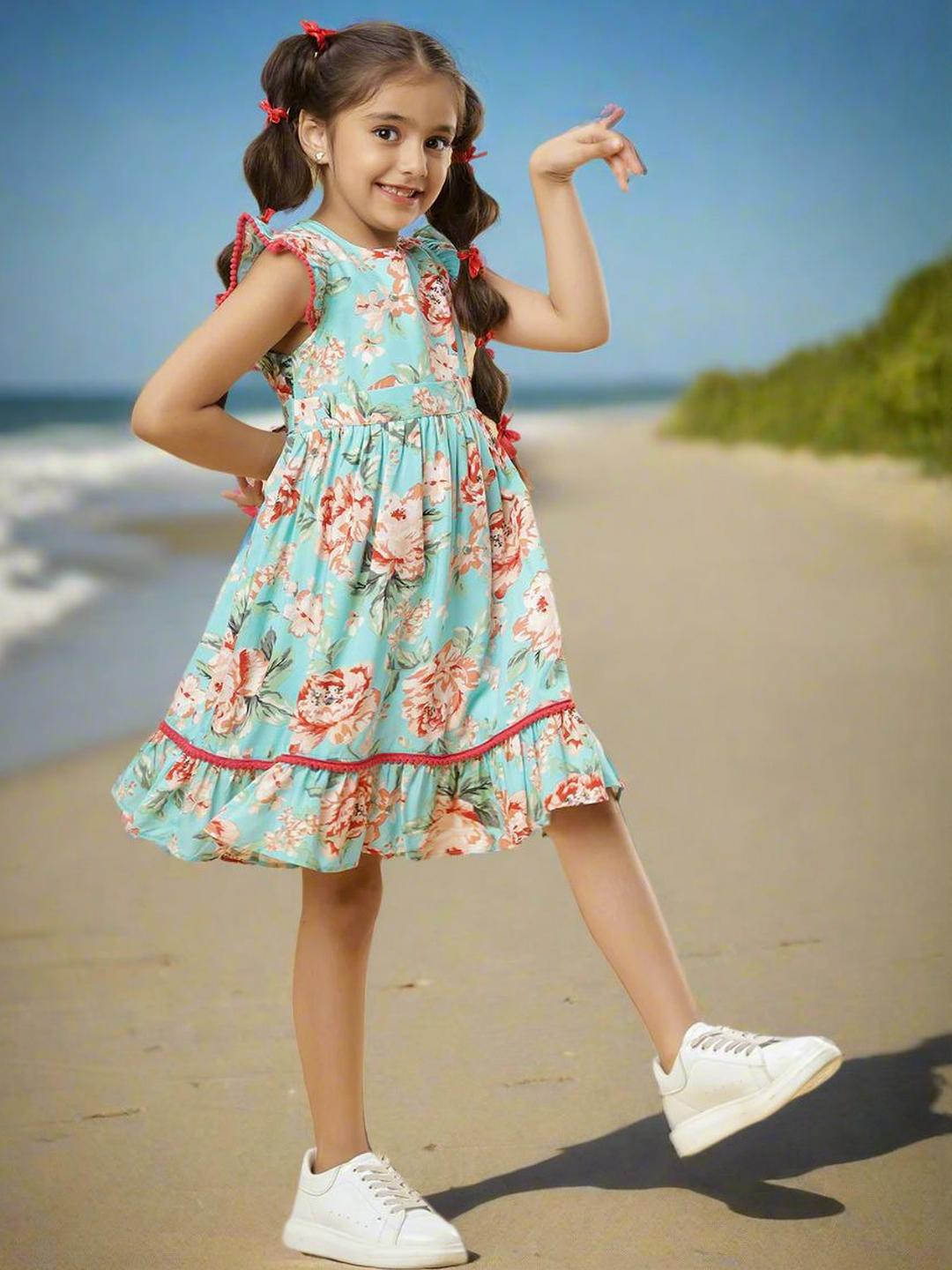 TeenTrums Girls Floral Printed Flutter Sleeves Tiered Pleated Detail Fit & Flare Dress