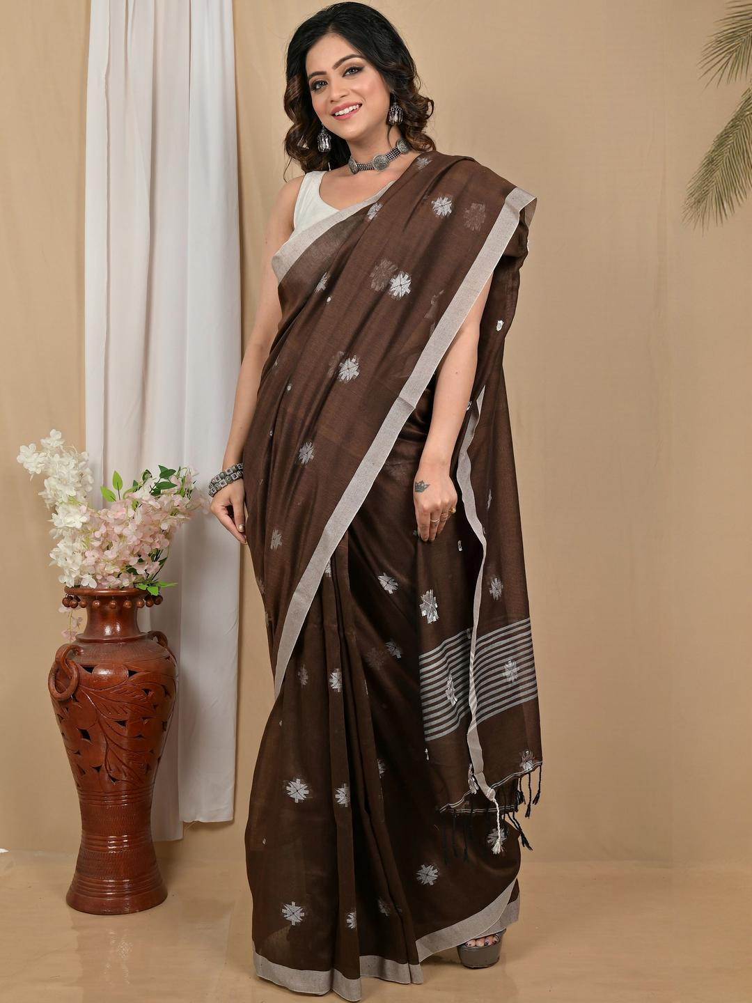 PuJoy Floral Pure Cotton Taant Saree