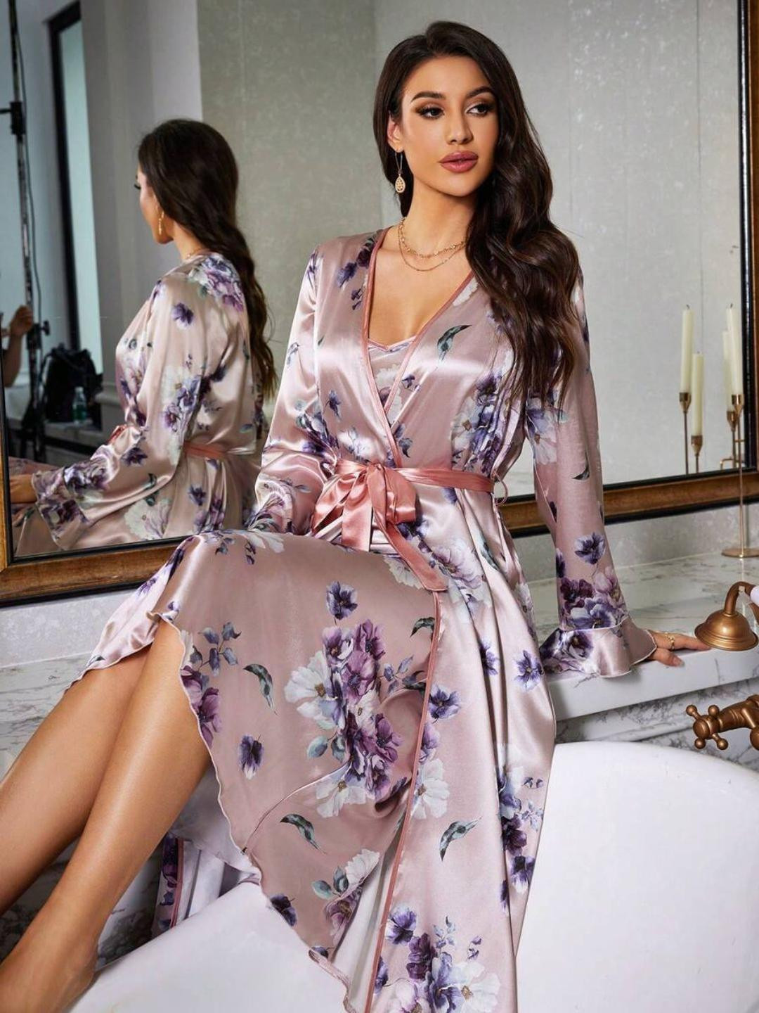 For You For Me Women Floral Printed Satin Nightdress With Robe
