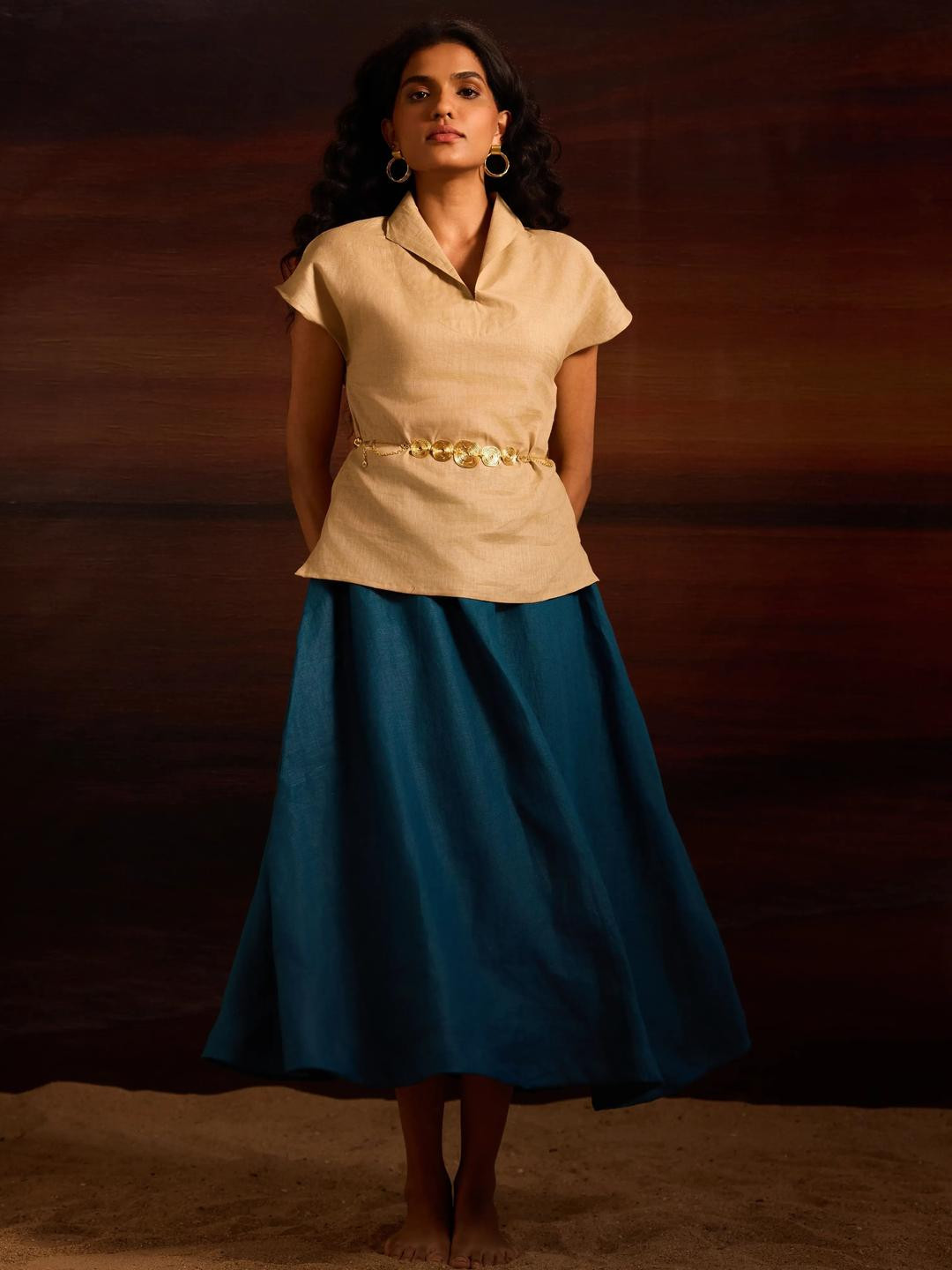 dhaaga Women Shirt Collar Regular Maelis Top Beige