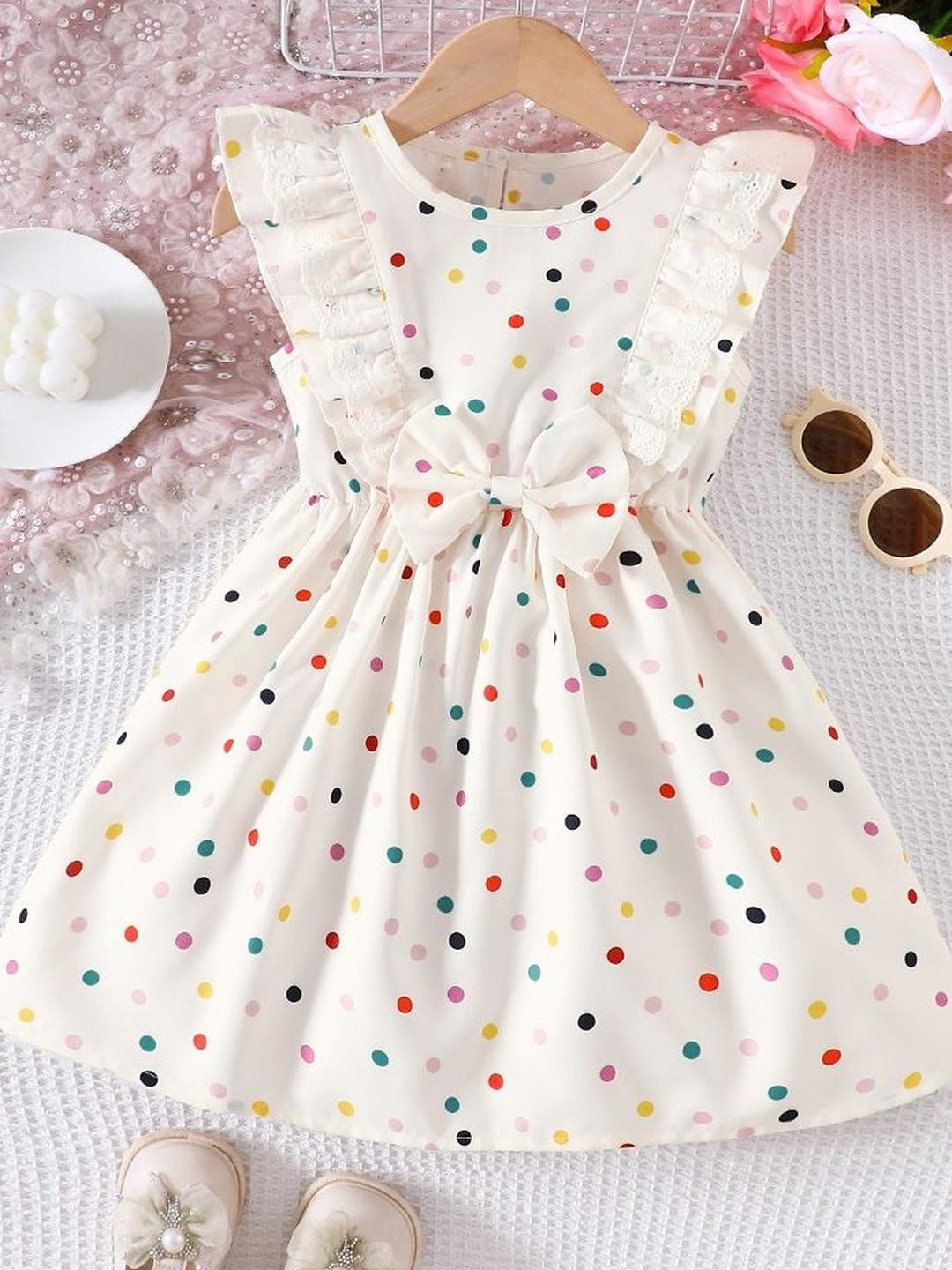 LULU & SKY Girls Polka Dots Printed Round Neck Ruffle Dress