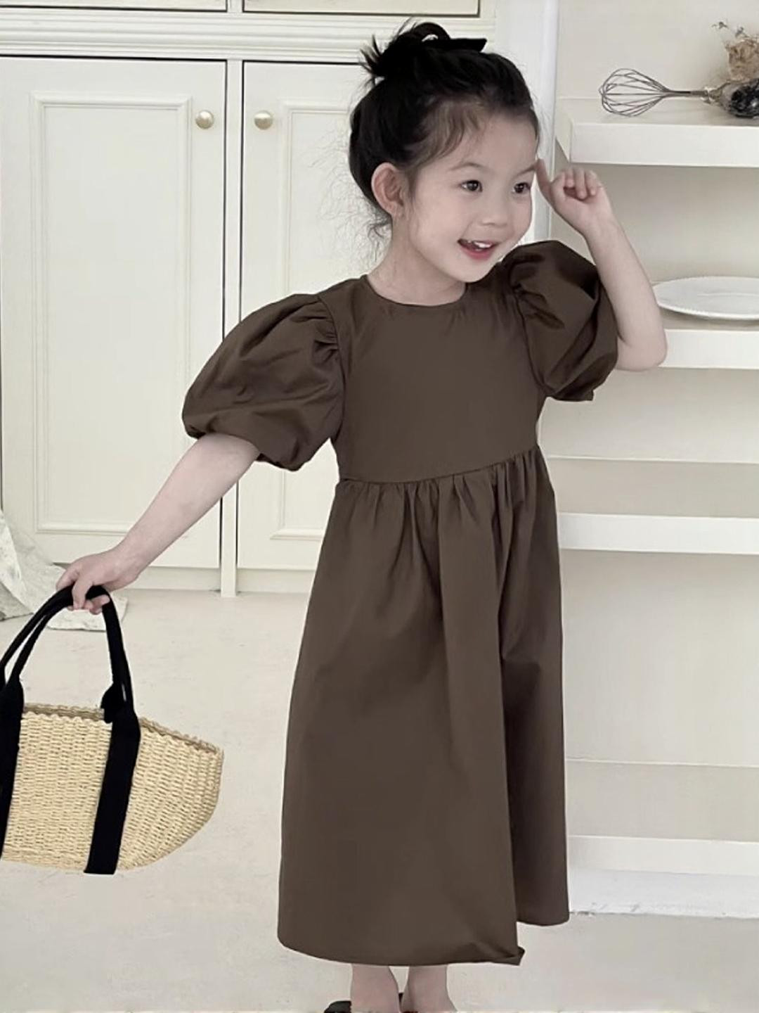 LULU & SKY Girls Round Neck Puff Sleeve A-Line Pure Cotton Cut-out Back Detail Dress