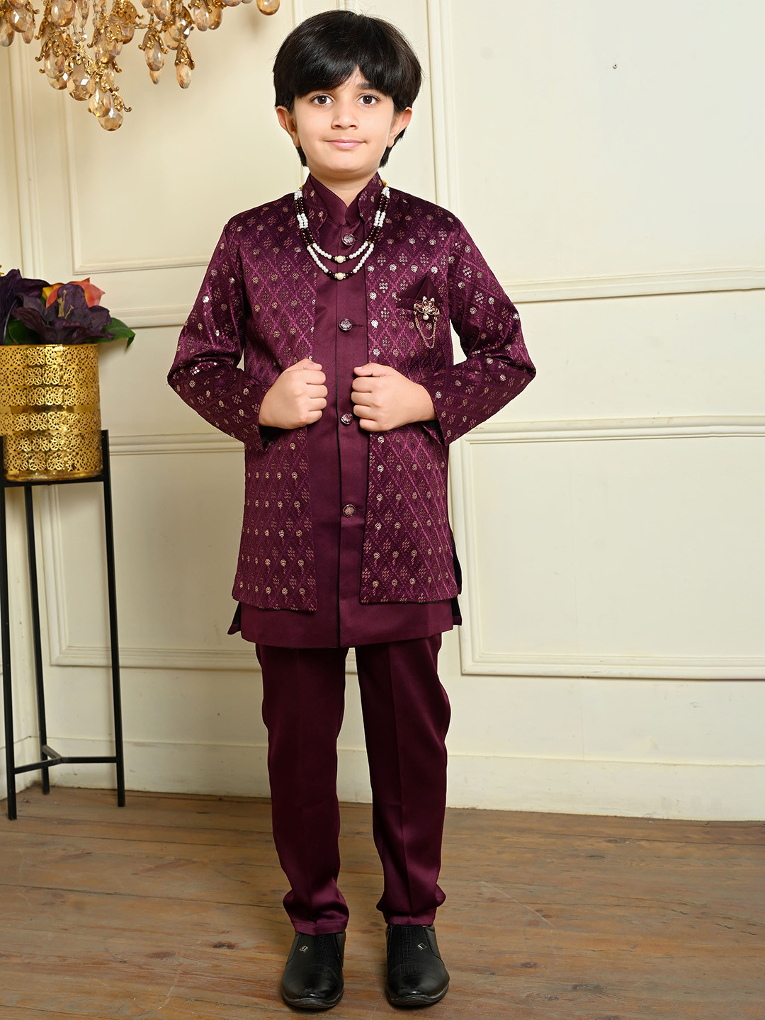 BT DEZINES Boys Embroidered Sequined Shrug & Trousers Sherwani Set