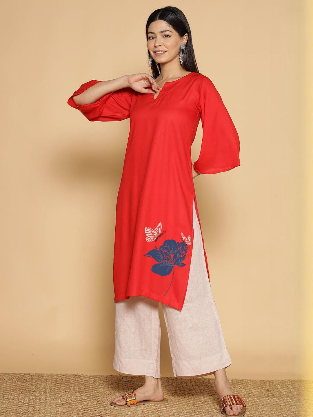 LetsDressUp Anupama Floral Printed Notch Neck Straight Kurta