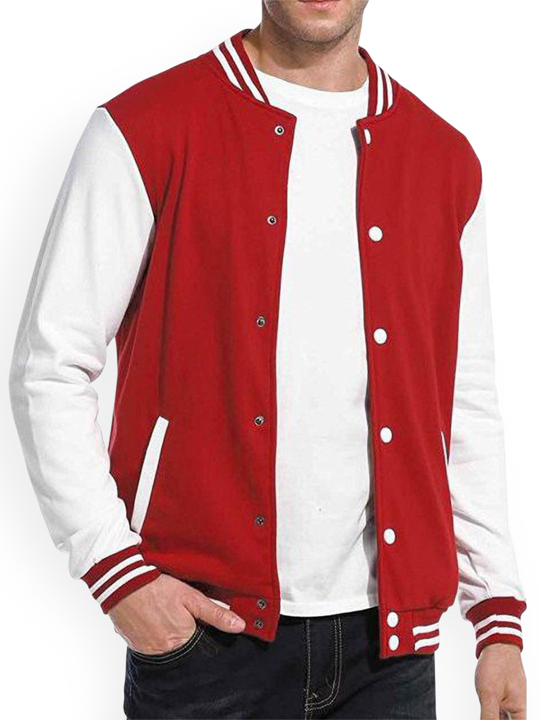 PAKLON Colourblocked Mock Collar Fleece Varsity Jacket