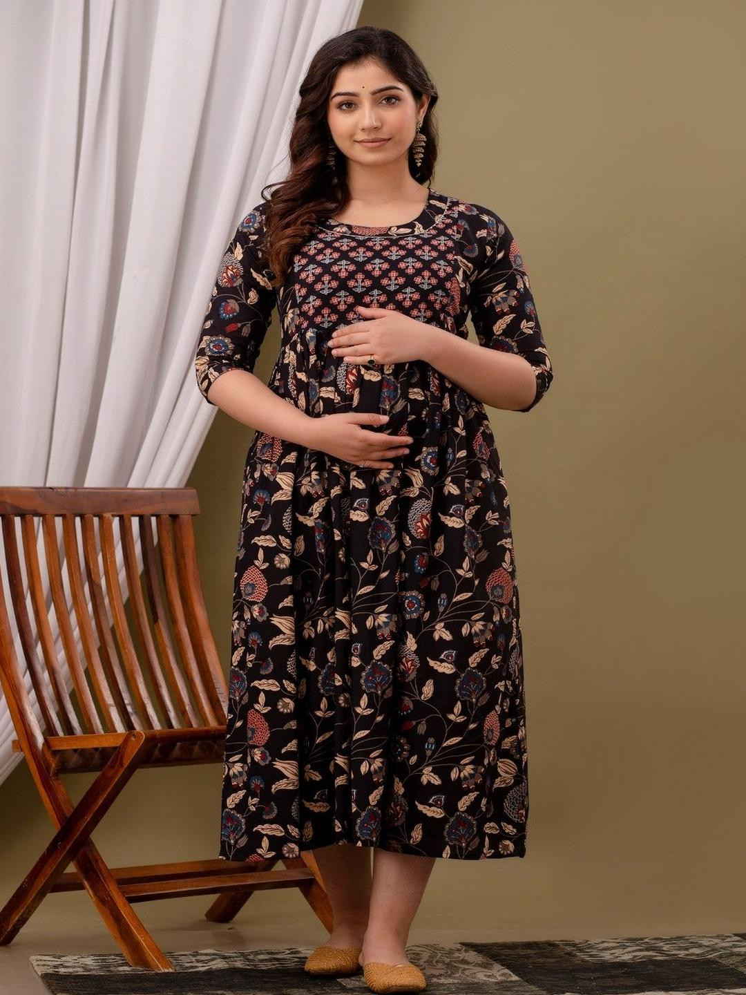 FASHDHUN Women Floral Printed Maternity Cotton A-Line Kurta