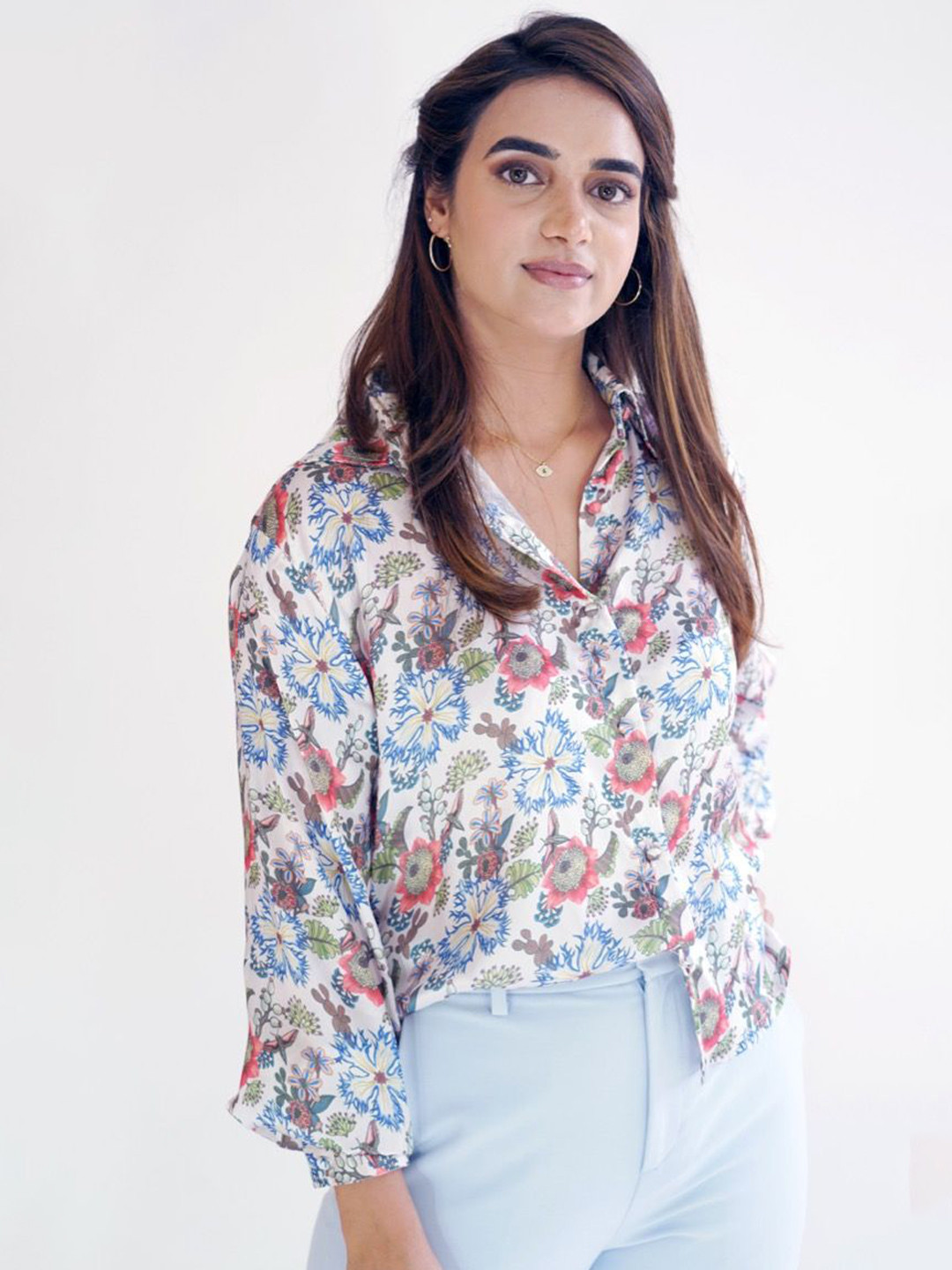Luxe Weaves Relaxed Floral Printed Spread Collar Satin Casual Shirt