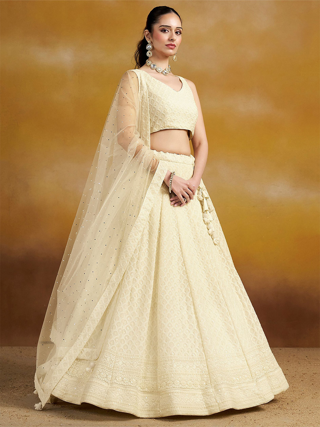 ETHNIC PLUS White Embroidered Sequinned Semi-Stitched Georgette Lehenga & Blouse With Dupatta