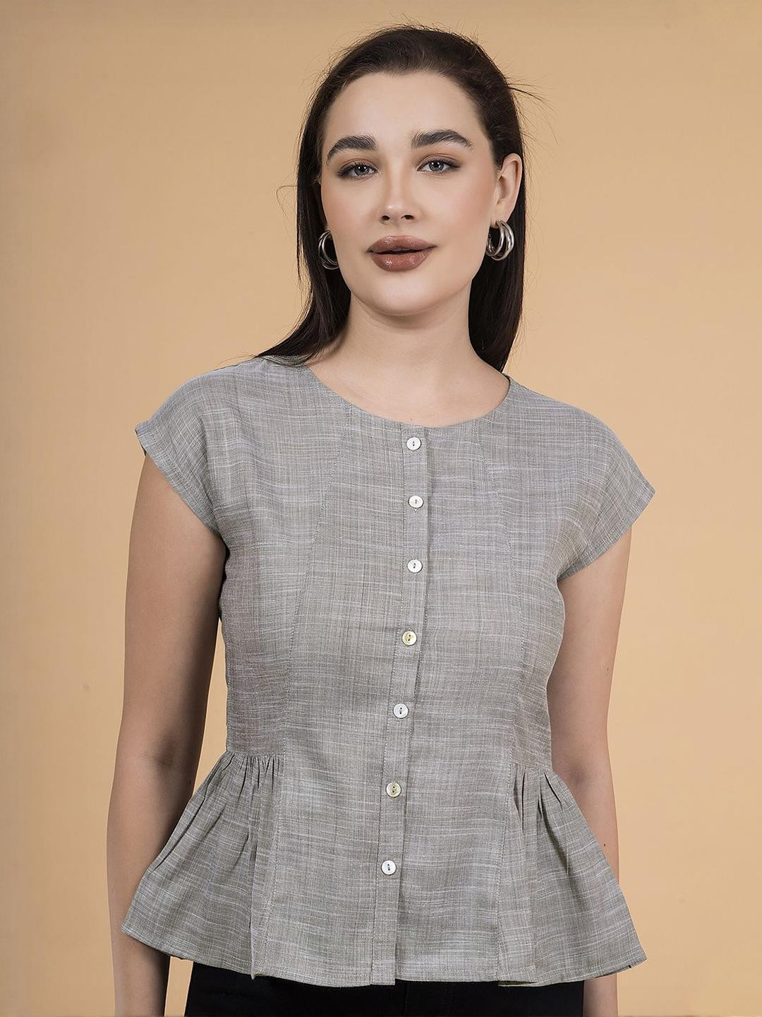 Saffron Threads Women Checked Extended Sleeves Button-Down Chambray Peplum Top