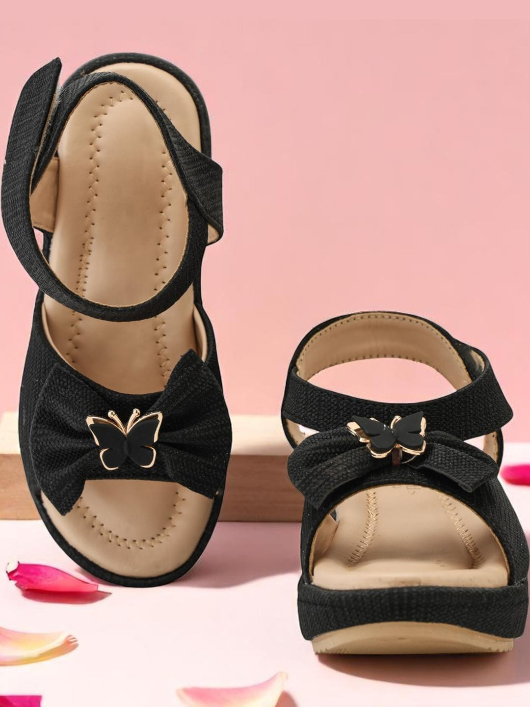 Freeplay Girls Black & Gold-Plated Butterfly Wedge Sandals