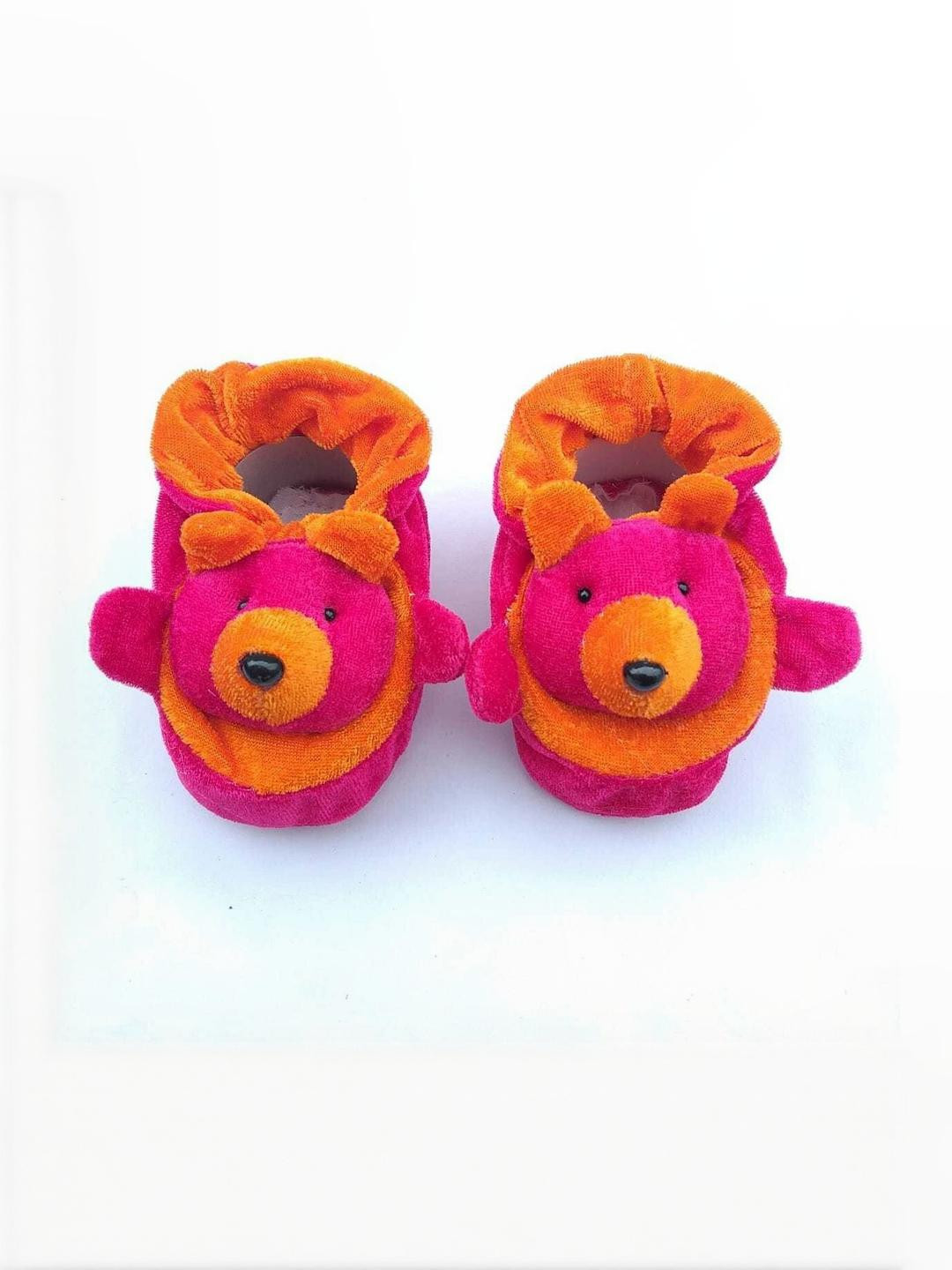 LMN CHILD CARE Unisex Kids Orange & Pink Teddy Printed Cotton Booties