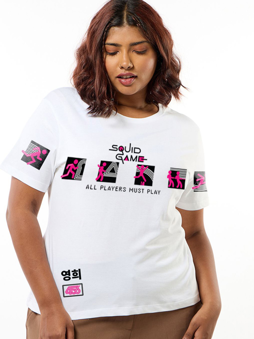 Bewakoof Plus Women White Official Squid Game Graphic Printed Plus Size T-shirt
