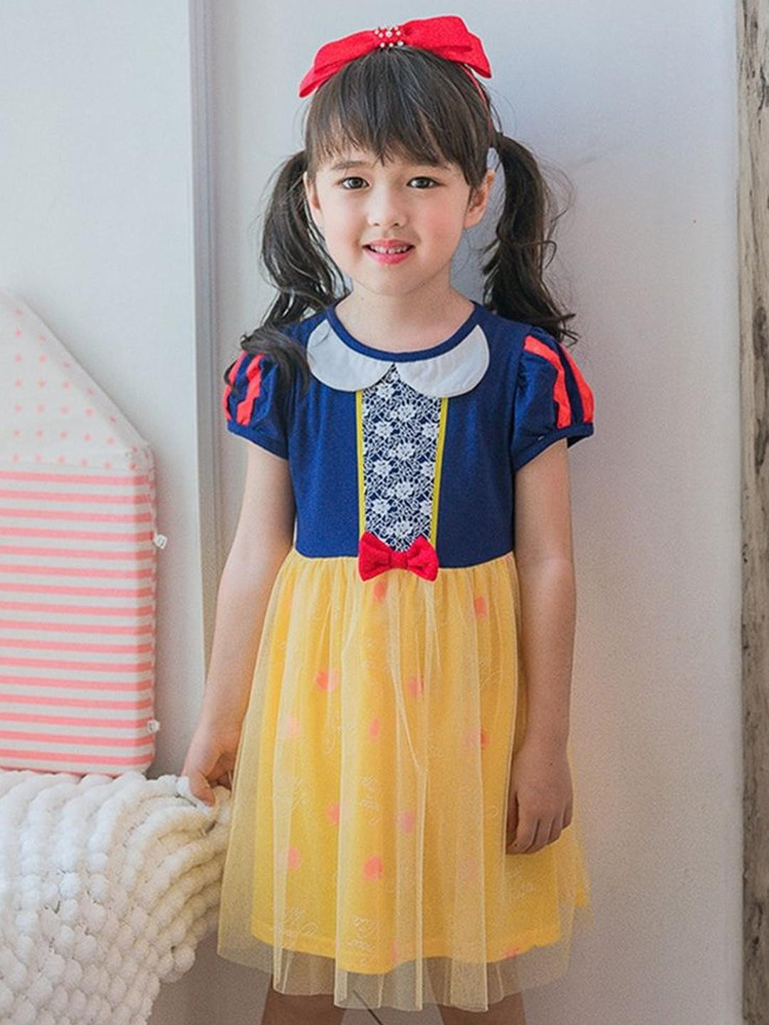 LULU & SKY Girls Colourblocked Peter Pan Collar Puff Sleeve Tulle Cotton Fit & Flare Dress