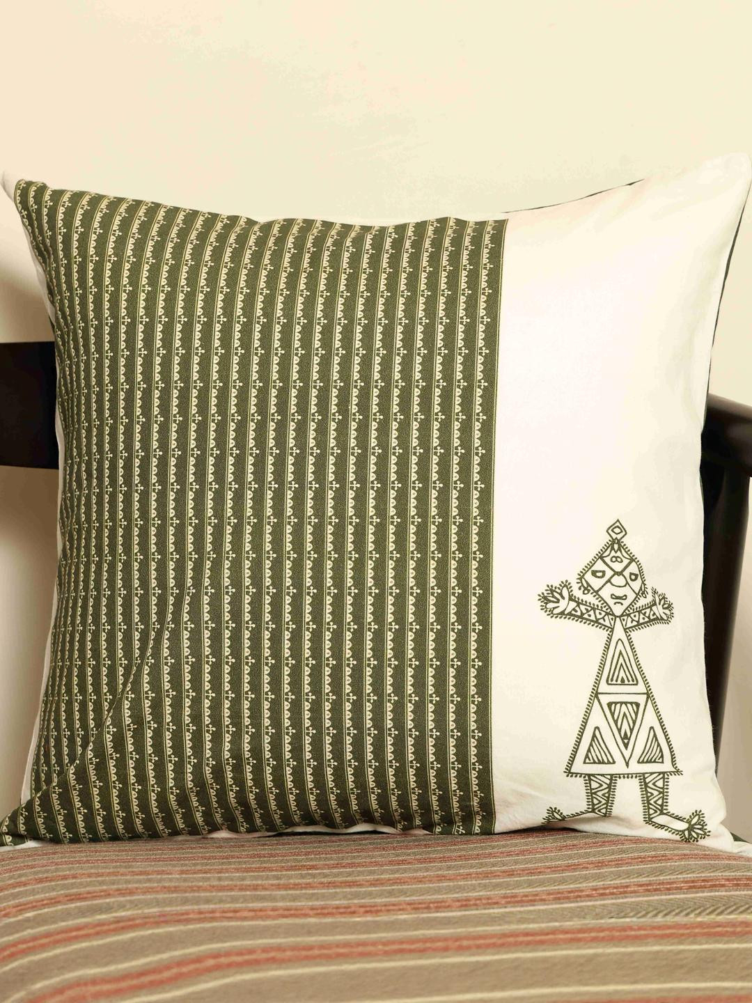 Crown of Poppies Sacred Geometry Olive Rajasthani Mandana Series Cushion Cover