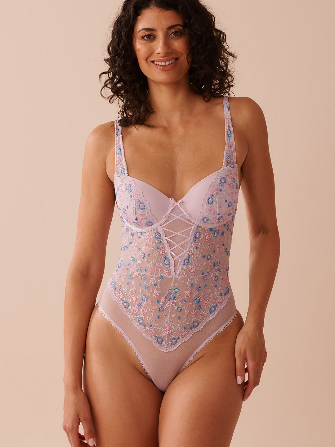 La Vie en Rose Floral Embroidered Shoulder Straps Mesh & Lace-up Detail Push-up Baby Doll