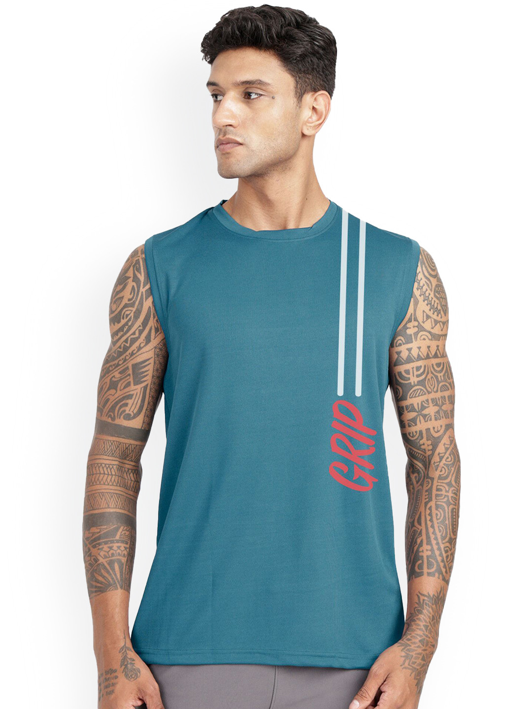 3Colors Round Neck Gym Vest VEST-CCUT-2LINE CHEST GRIP-AF BLUE_M