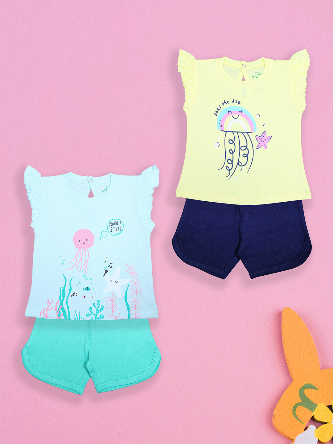 YUV Infant Girls Pack Of 2 Animal Graphic Printed Pure Cotton T-shirts With Shorts