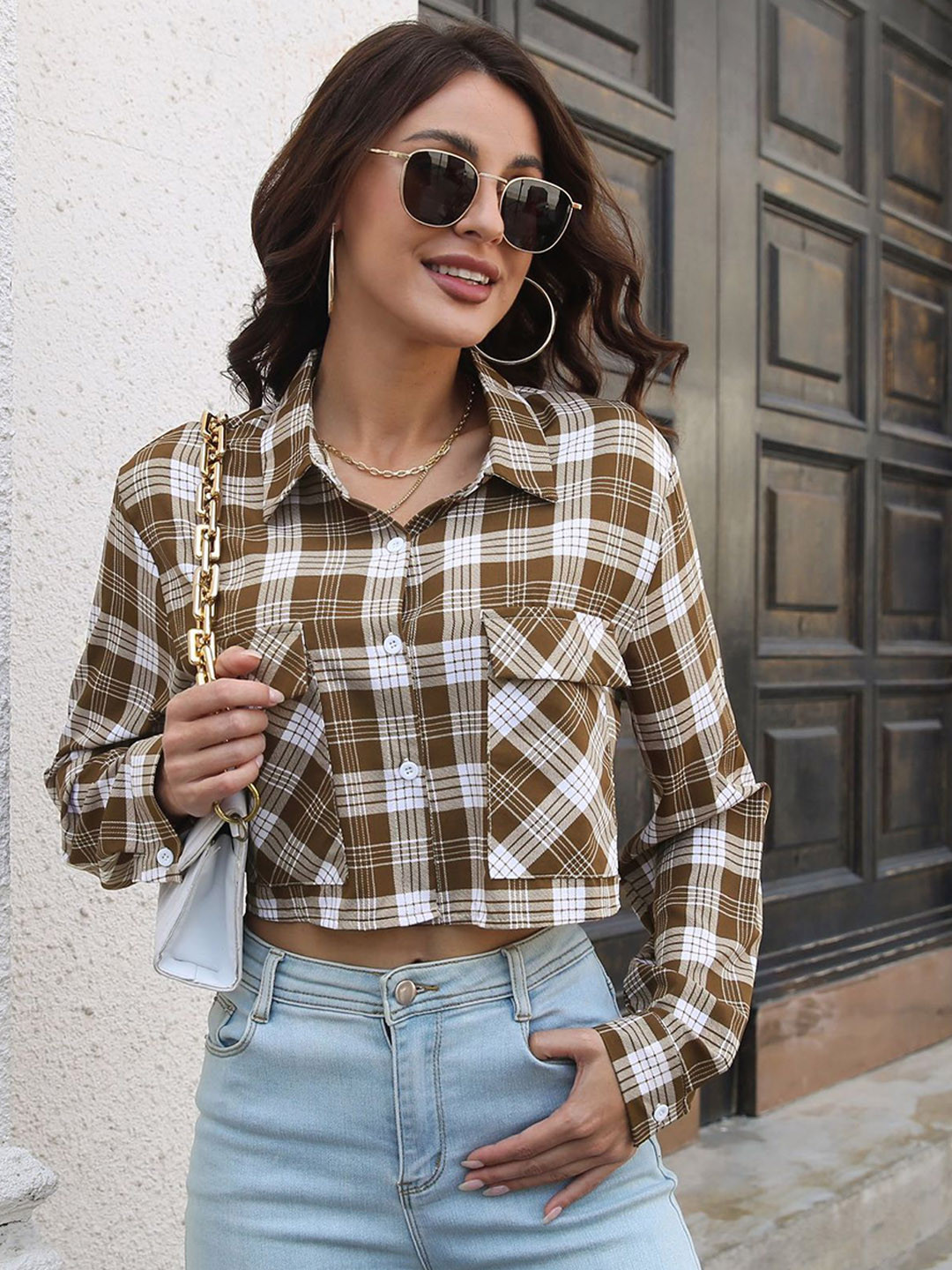 StyleCast Women Spread Collar Checked Casual Tailored Jacket